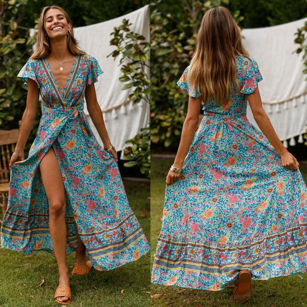 

women high waist summer boho floral print short sleeve beach dress new fashion ladies v-neck long dress sundress, Black;gray