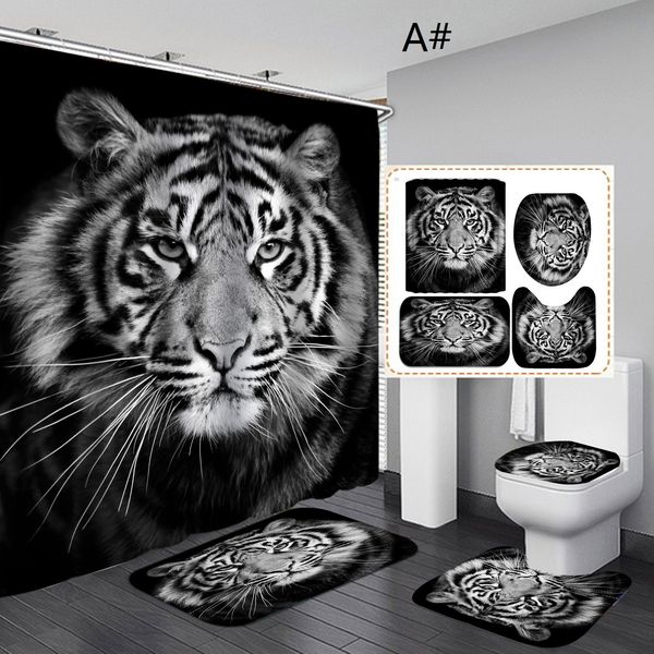 

4pcs/set waterproof tiger bathroom carpet bath shower curtain bathroom absorbent non-slip floor mat home lving