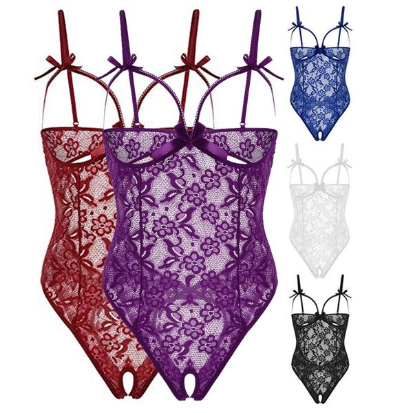 Set di reggiseni Wome Body sexy in pizzo floreale aperto di mezzanotte e body in rete con cut-out sul retro Indumenti da notte Lingerie Teddies S-XXL Multicolori