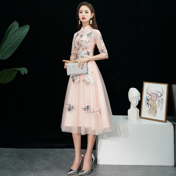 

lace half sleeves standing collar improved cheongsam appliques embroidery chinese evening dress vestidos size s-xxl, Red