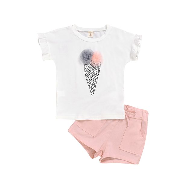 

2020 girls summer clothes 2020 clothing sets cartoon printed t-shirt short 2pcs suits kids 3-7y sleeveless baby clothes, White