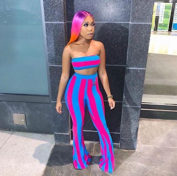 

tracksuits women club slim 2 piece flare pants sleeveless suits fashion womens tracksuits striped strapless designer, Gray