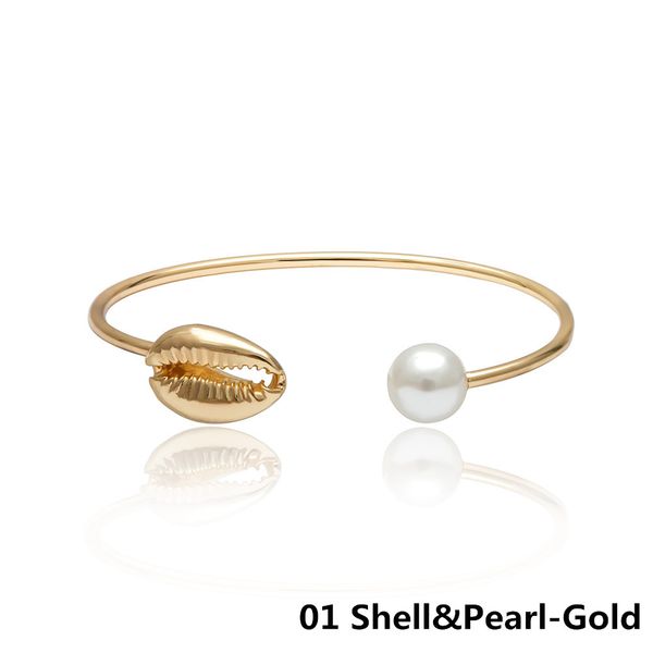 

2019 bohemian gold conch shell bangles summer charm simulated pearl cowrie seashell open cuff bracelets boho jewelry gift, Golden;silver
