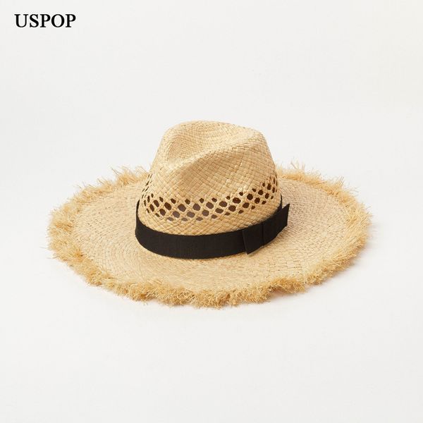 

uspop 2019 new women straw hats fashion summer jazz fedoras raffia sun hats hollow out rough edges beach hat, Blue;gray