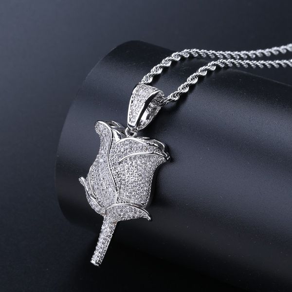 

fashion- mens hip hop iced out gold pendant necklace rose flower pendant necklace fashion necklace jewelry, Silver