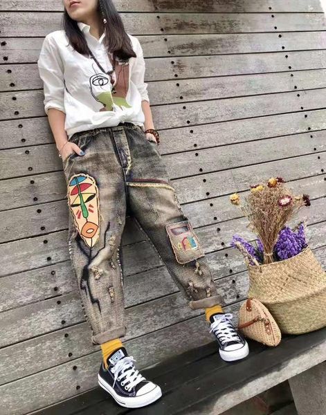 

women spring autumn elastic waist denim pants jeans ladies loose holes jeans female denim trousers 2020, Blue