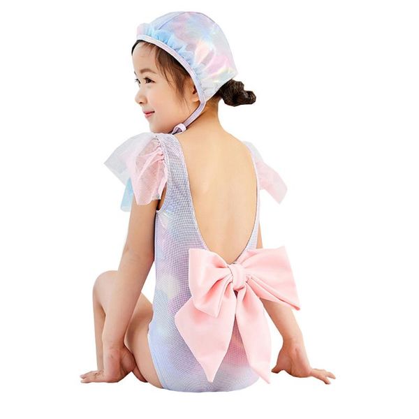 

2-8years princess kids swimwear for girls mermaid backless bikini lovely lace ruffle sequins swimwear swimsuit bathing suit hat, White
