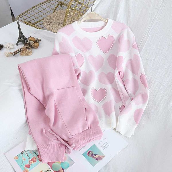 

2020 fall autumn long sleeve knitted 2 piece set women sweet love pearls beaded pullover sweater+lace-up pocket harem pants set, White