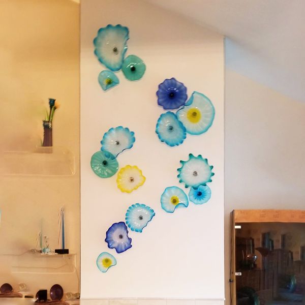 

ocean hues murano flower plates wall art blue lobby living room art decor blown glass hanging plates wall with scallop edge