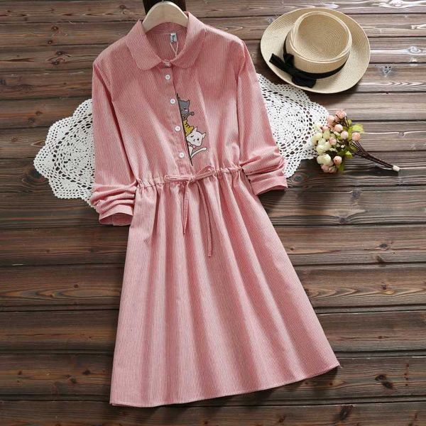 

autumn fashion women striped dresses new arrival 2020 cat embroidered vintage long sleeve dress, Black;gray