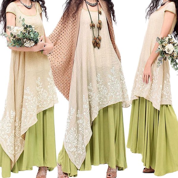 

twill boho summer long dresses women vintage cotton dress floral embroidery maxi dress o neck two layer beach dress designer clothes, Black;gray