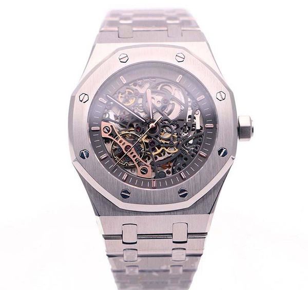 

hot sale бесплатная доставка limited royal oak double balance wheel openworked часы из нержавеющей стали черный циферблат 15407 часы 41mm му, Slivery;brown