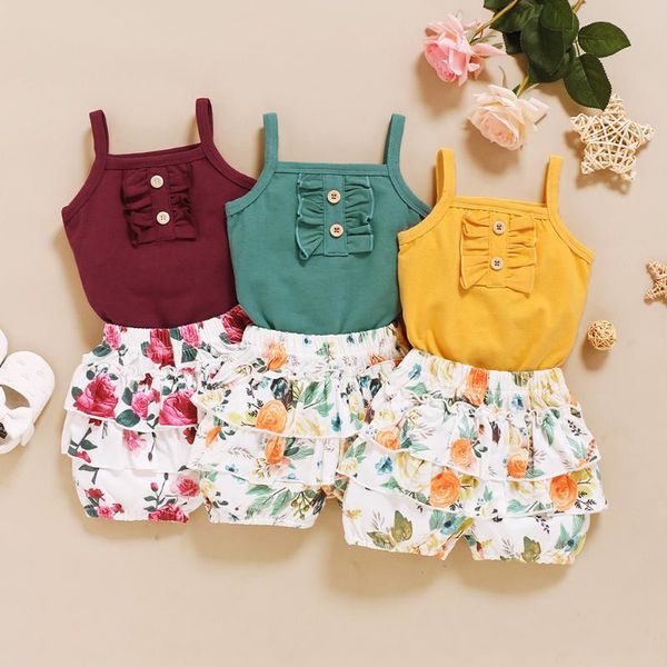 

2pcs toddler baby sling clothes set for baby girls clothes outfits set sleeveless solid flower print shorts kids suits, White