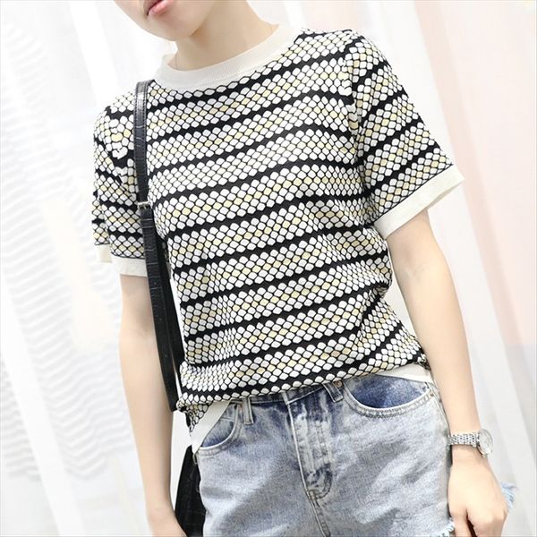 

short-sleeved t-shirt female 2019 round collar loose stripes student all-match ice t-shirt silk knitted top, White