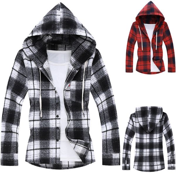 

fashion men shirts casual fashion plaid printing loose hoodie removable long sleeve shirt blusa masculina, White;black