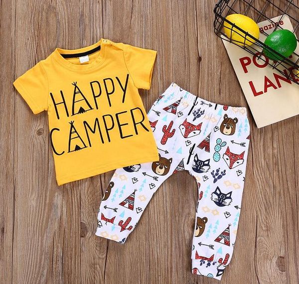 

summer newborn clothing sets baby boys girls letters printed t shirts + fox print pants 2pcs outfits infant fashion clothing suits, White