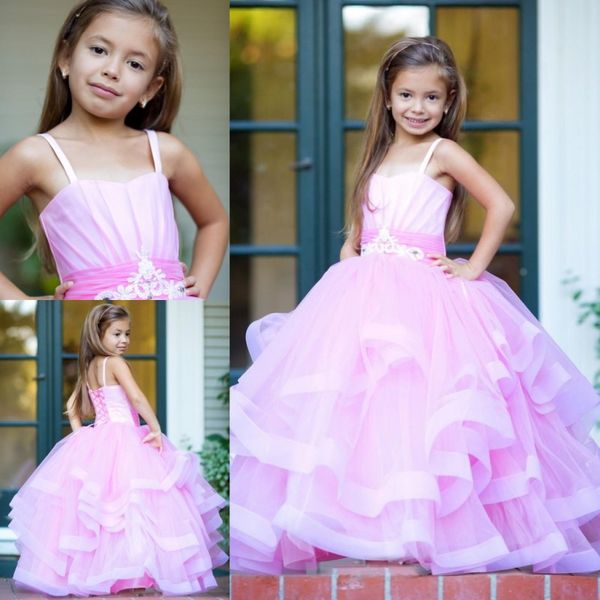 

pink beaded ball gown flower girl dresses for wedding tiered pageant gowns tulle floor length first communion dress, White;blue