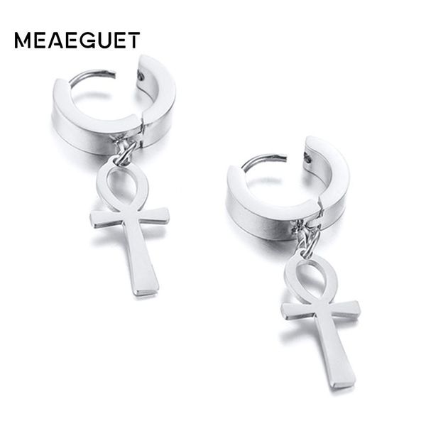 

drop cross huggie hoop earrings egyptian ankh michael hang dangle drop earrings black stainless steel male punk jewelry, Golden;silver