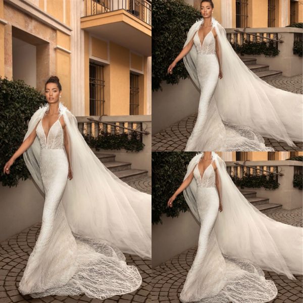 

elihav сассон 2019 русалка свадебные платья с мыса перо кружева аппликация развертки поезд спагетти v шеи trumpat плюс размер свадебные плат, White