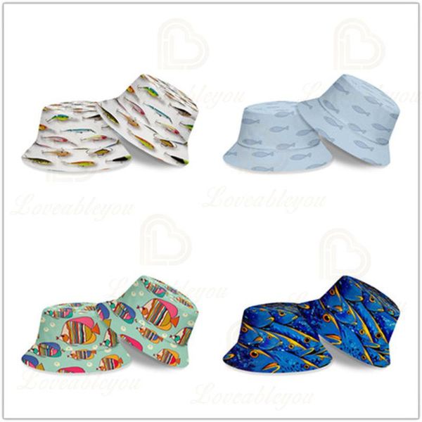 

new fish pattern summer harajuku casual bucket hats men women couple children hip hop printed panama fishing caps, Blue;gray