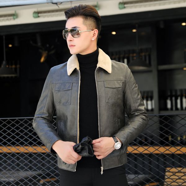 

winter new men's leather jacket thickened casual coat young man, Black