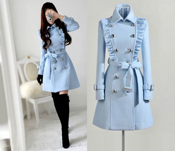 

women's wool & blends winter women coats light blue navy double-breasted ruffled long-sleeved woolen coat, Black