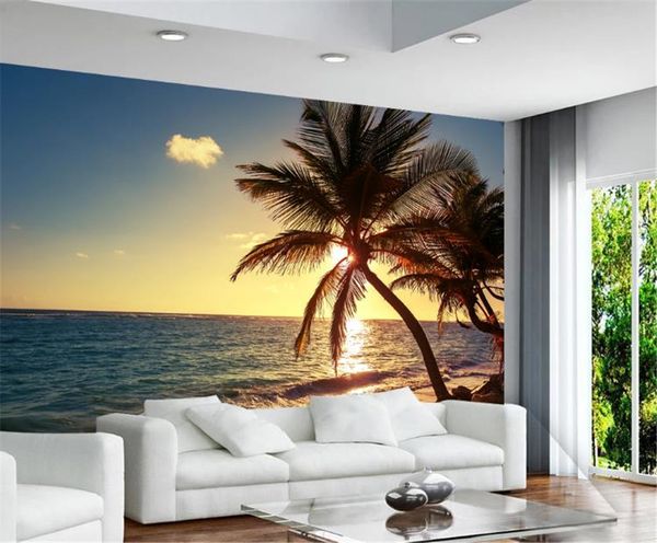 Papel de parede mar do sol pôr do sol beira-mar ilha de coco paisagem fundo parede pintura papel de parede por atacado espaço 3d wallpaper