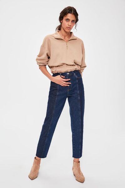 

trendyol blue block wash detailed high bel mom jeans twoaw20je0109
