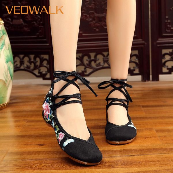 

veowalk ankle strap women floral embroidery canvas ballet flats breathable denim embroidered ladies casual ballerina shoes, Black