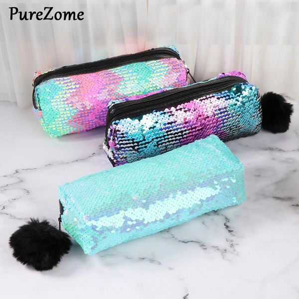 

kawaii plush ball reversible sequin pencil case large pencilcase makeup box bag school supplies stationery student gift