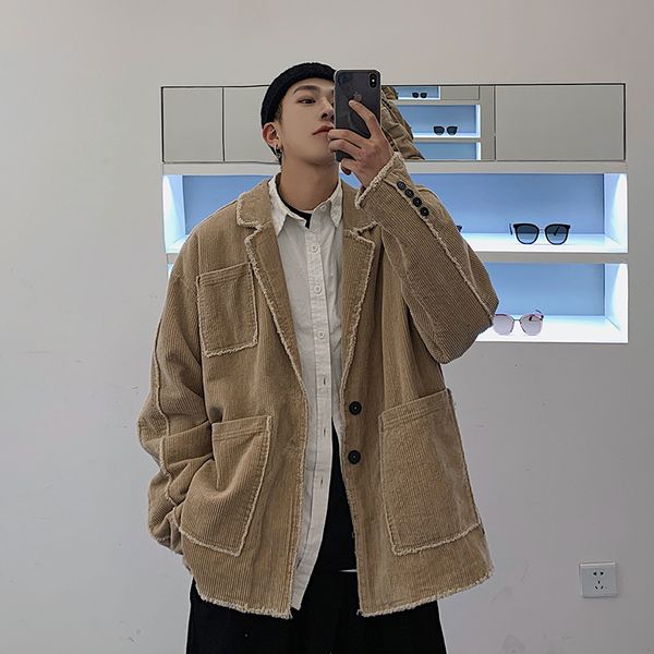 

2019 men's corduroy fabric blazers suit jackets clothes male coats fitted cotton loose grey/black/apricot color outerwear m, Black;brown