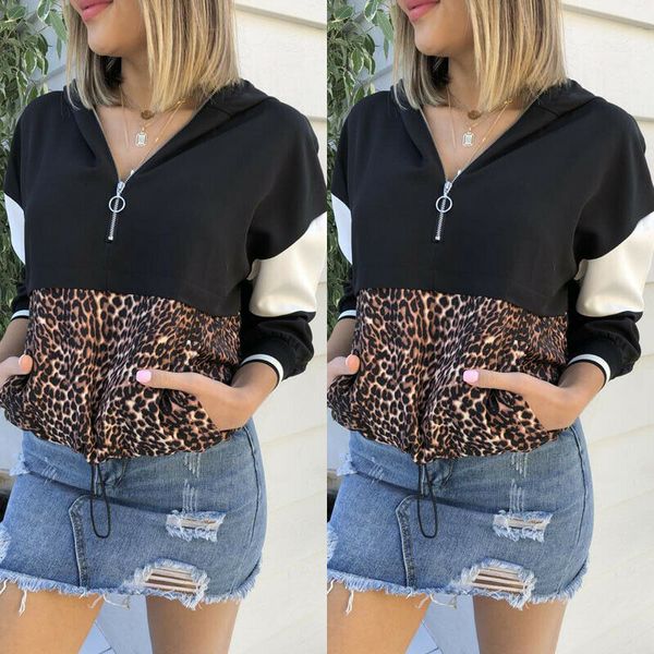 

женская толстовка 2019 осень толстовка с капюшоном с длинным рукавом блузы pathwork пуловер леопардовый перемычка tops streetwear, Black