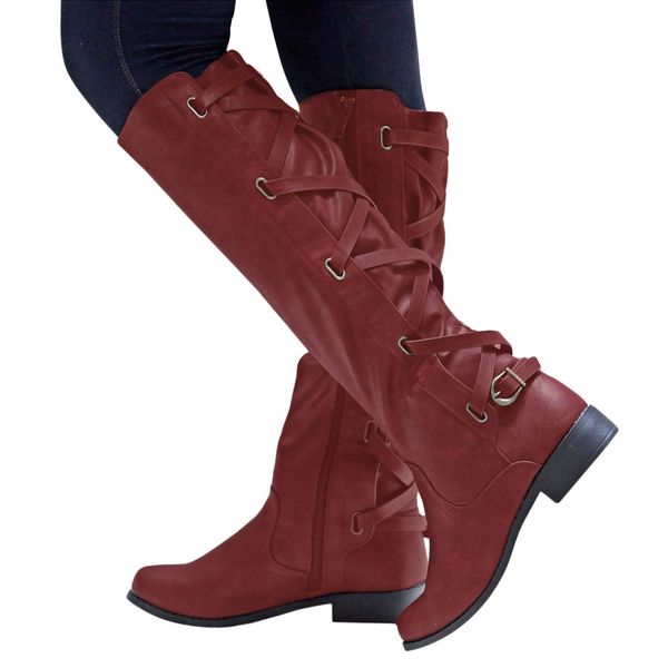 

women's boots winter cross strap long snow knee high bootie cowboy warm shoes, Black