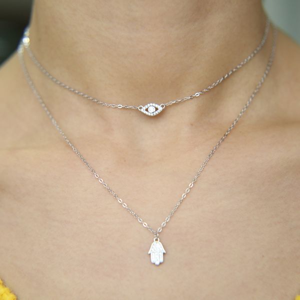 

new women jewelry lucky hamsa hand evil eye cham drop silver color paved cz jewelry double layer necklace real 925 silver