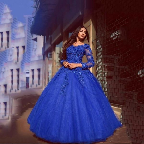 Mangas reais longo azul doce quinceanera vestidos com flores artesanais decote em v vestido de baile vestido de baile feito sob encomenda árabe formal wear