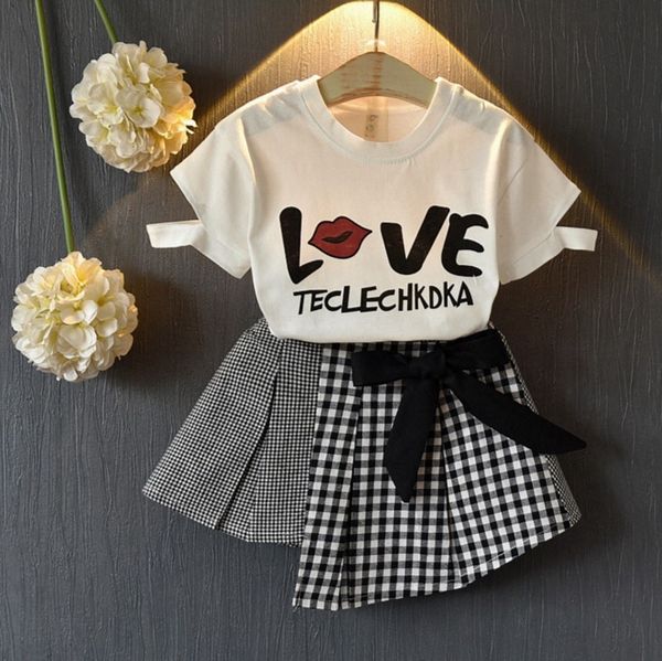 

kids girls outfits love printed children shirts plaid skirt 2pcs sets summer kids clothes sets boutique baby clothing 2 colors wzw-yw2274, White
