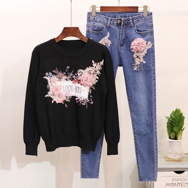 

spring autumn fashion women set beading flower long sleeve knitted sweater jeans pants women embroidery denim pants suits jumper, White