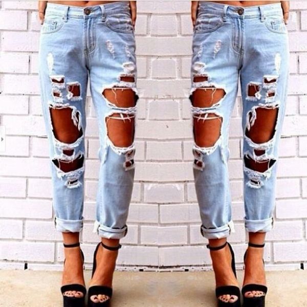 

women destroyed ripped distressed slim pants denim jeans trousers, Blue