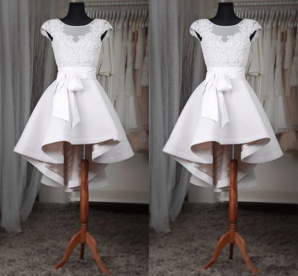 

White Short Homecoming Dresses 2018 Sheer Neck Cap Sleeves Appliques Lace Satin High Low Prom Dress Little White Cocktail Party Gowns