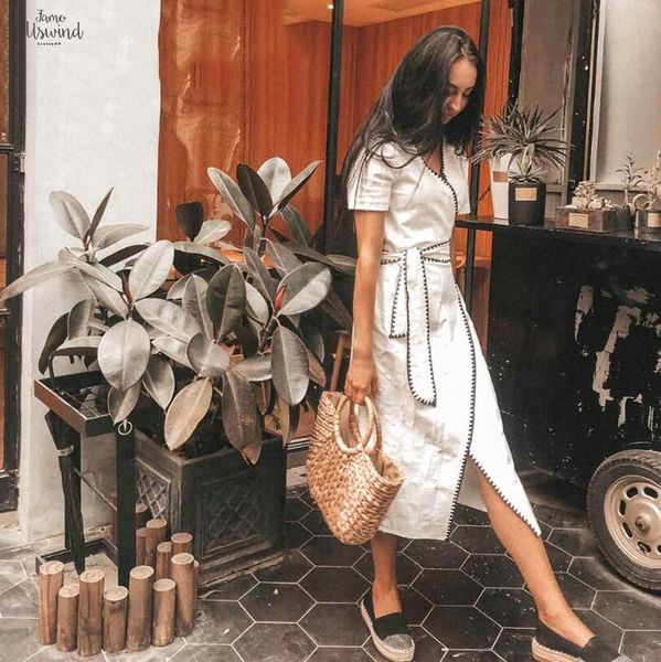 

2019 summer women cotton linen dress vintage short sleeve split wrapped long dress black and vestidos hit color white, Black;gray