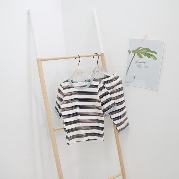 

birthday tee vibrato with the same paragraph 2020 summer color cotton striped candy color boys and girls pajamas set, White