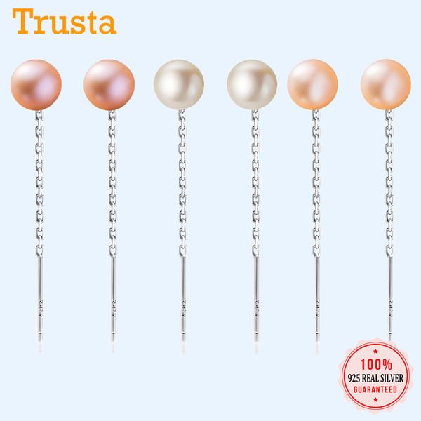 

trusta authentic 925 sterling silver fashion sweet synthesis pearl linked stick for women silver 925 earring jewelry gift da785, Golden;silver