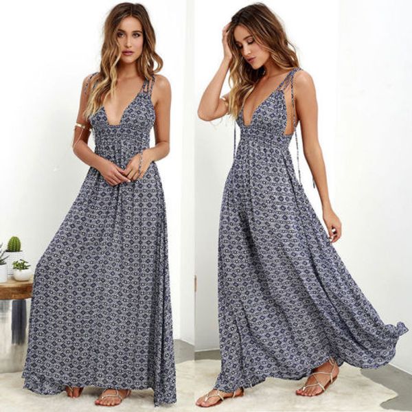 

vintage women spaghetti strap print summer dress v-neck boho backless long maxi dress beach holiday party women dresses, Black;gray