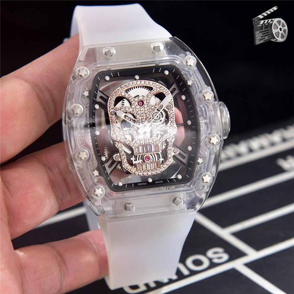 

luxury mens designer watches diamond transparent skull watch black leather strap automatic mechanical movement wristwatches montre de luxe, Slivery;brown