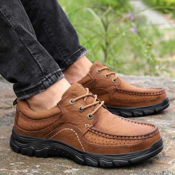 

genuine leather mens walking shoes men fashion outdoor walking shoes lace up slip on dress male footwear zapatillas hombre, Black