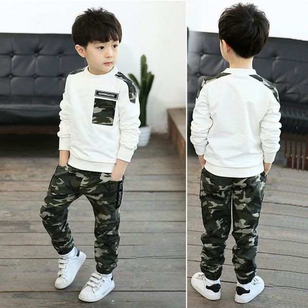 

fashion boys clothes tee sets teen kids baby boys letter tracksuit camouflage pants 2pcs outfits autumn roupa infantil, White