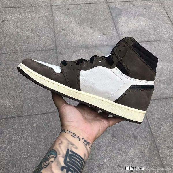 

2019 mens travis scott 1 basketball shoes sneakers 1s suede brown men boy athentic sports designer trainers running shoes with box, White;red