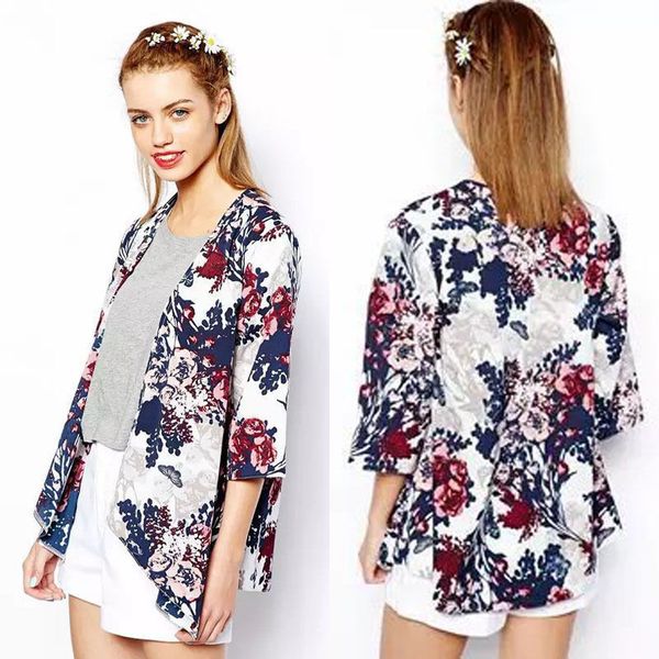 

women print floral kimono loose casual chiffon jacket coat cardigan blouse size s-l, White