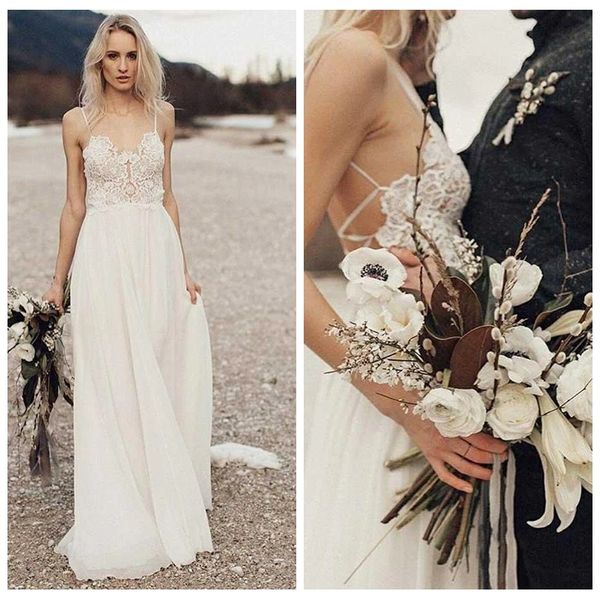 

романтический бретелек кружево свадебных платьев белых аппликации простых свадебные платья иллюзия лиф пляж свадебные платья с скользящим шл, White