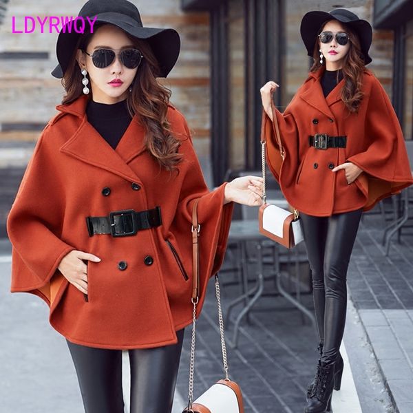 

2019 women's autumn and winter new korean version of the thick long woolen coat coat small woolen cape bat, Black
